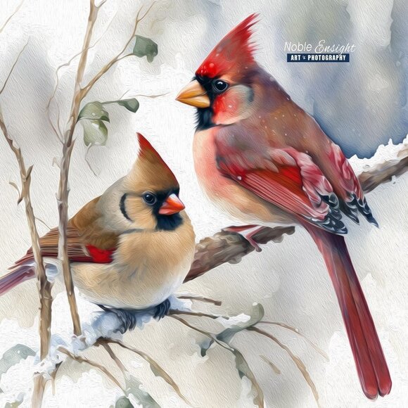 8x10 Cardinal with Girlfriend Love Birds Watercolor Oil Painting‎ Print - Picture 4 of 4
